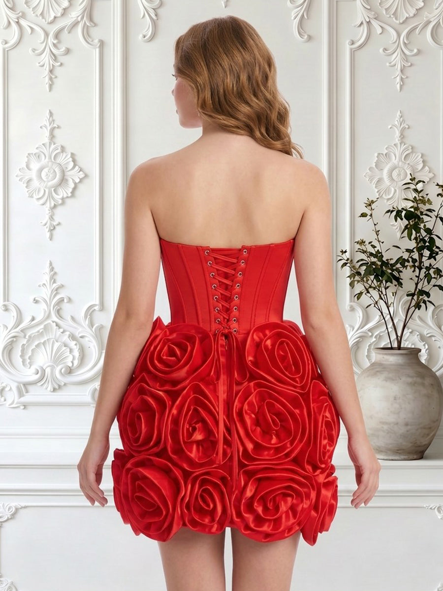 Corset Strapless Satin A Line Ruffles Sleeveless Short Homecoming Dresses