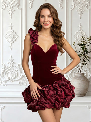 Velvet V Neck Spaghetti Straps Sleeveless Flower Bud A Line Short Homecoming Dresses