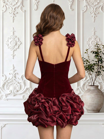 Velvet V Neck Spaghetti Straps Sleeveless Flower Bud A Line Short Homecoming Dresses