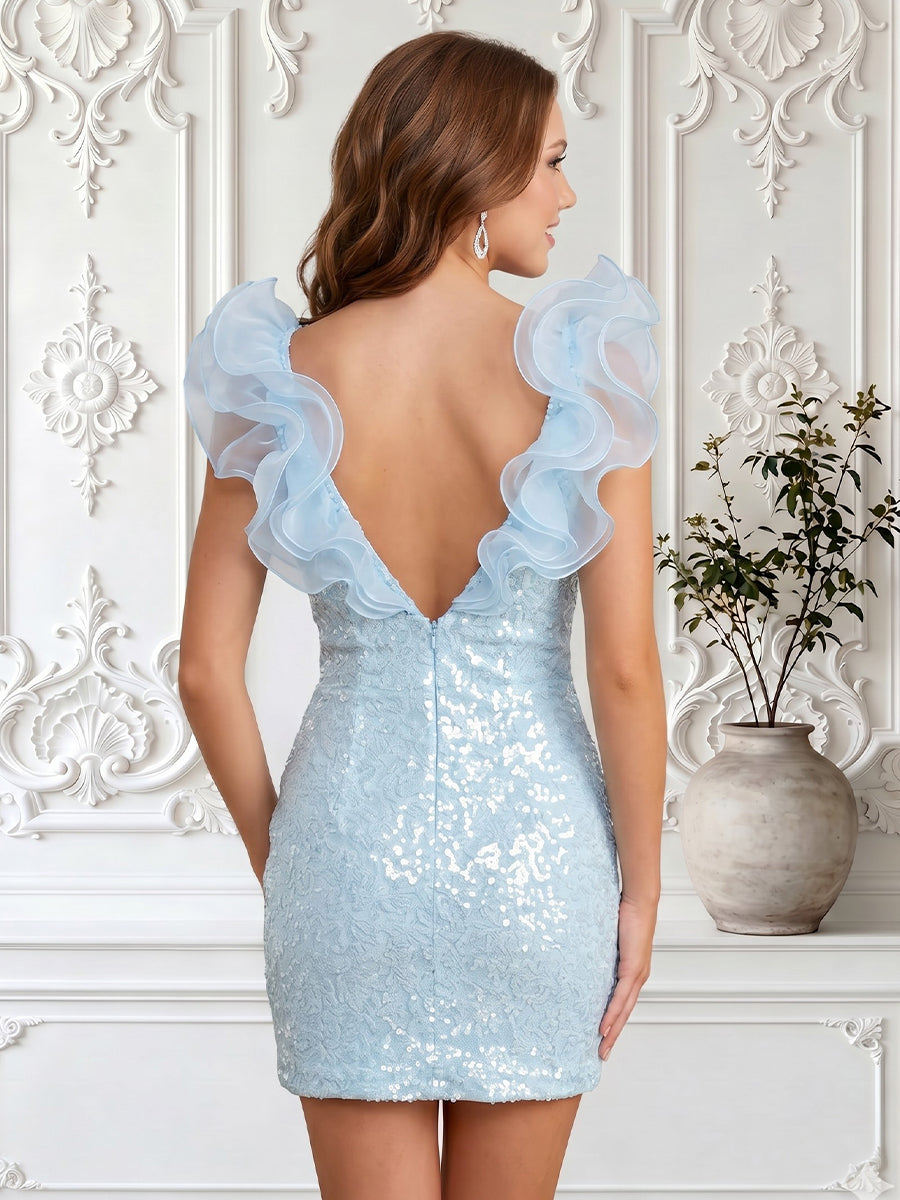 Sequin V Neck Sheath Ruffles Tulle Sleeves Short Homecoming Dresses