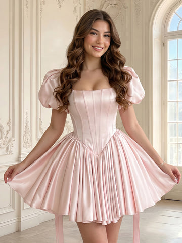 Satin A Line Corset Square Neck Puffy Sleeves Short Homecoming Dresses