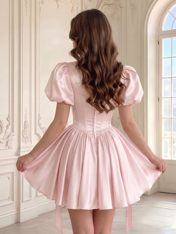 Satin A Line Corset Square Neck Puffy Sleeves Short Homecoming Dresses