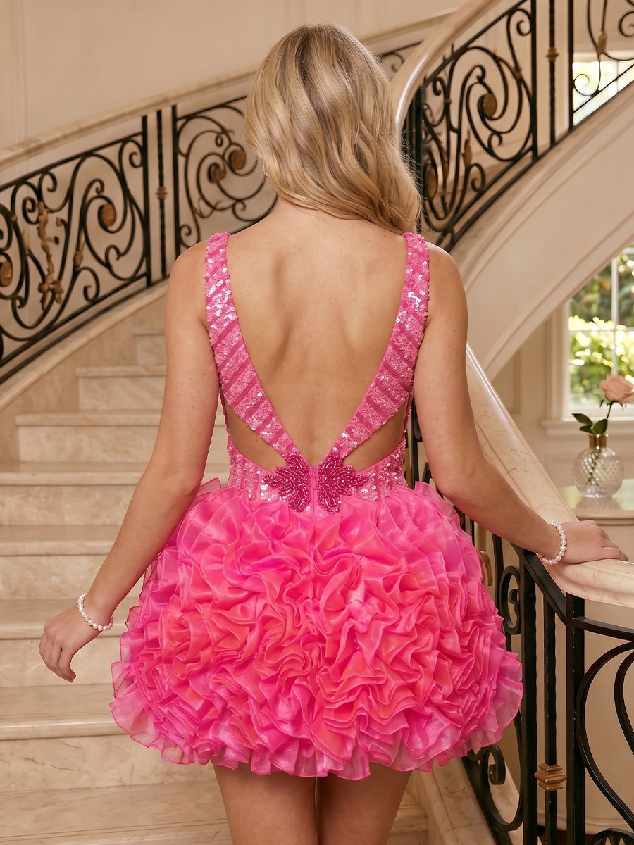 A Line Sequins Deep V Neck Sleeveless Short Homecoming Dresses