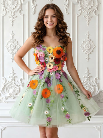 A Line Strapless Sleeveless Short Homecoming Dresses with Flower