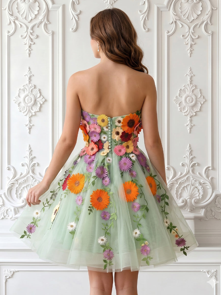 A Line Strapless Sleeveless Short Homecoming Dresses with Flower