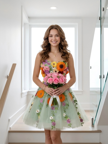 A Line Strapless Sleeveless Short Homecoming Dresses with Flower