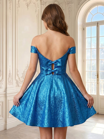 A Line Off the Shoulder Sleeveless Short Homecoming Dresses with Bow