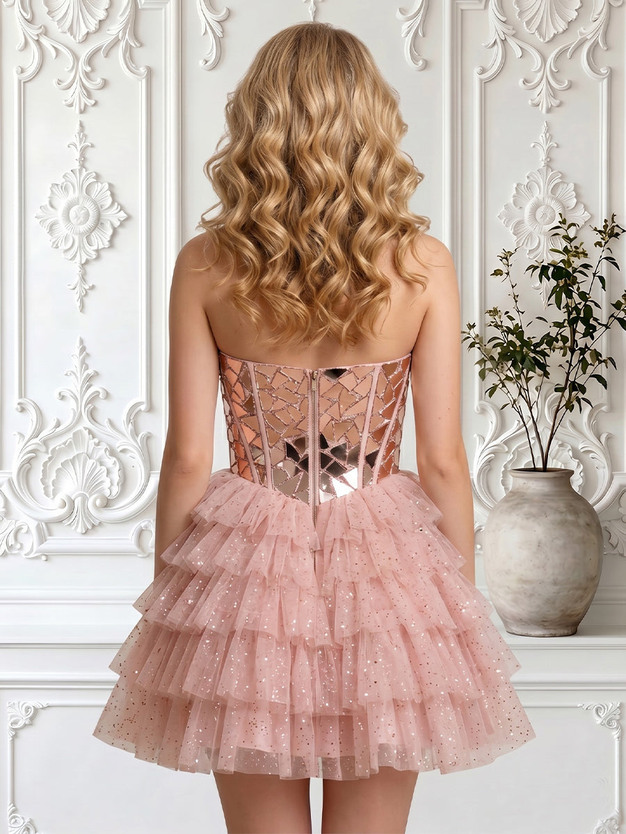 A Line Strapless Sleeveless Tiered Short Homecoming Dresses
