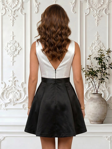 Satin A Line Deep V Neck Sleeveless Short Homecoming Dresses with Bow