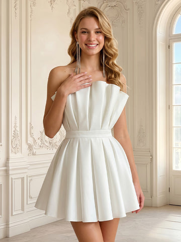 Satin A Line Pleated Strapless Sleeveless Short Homecoming Dresses