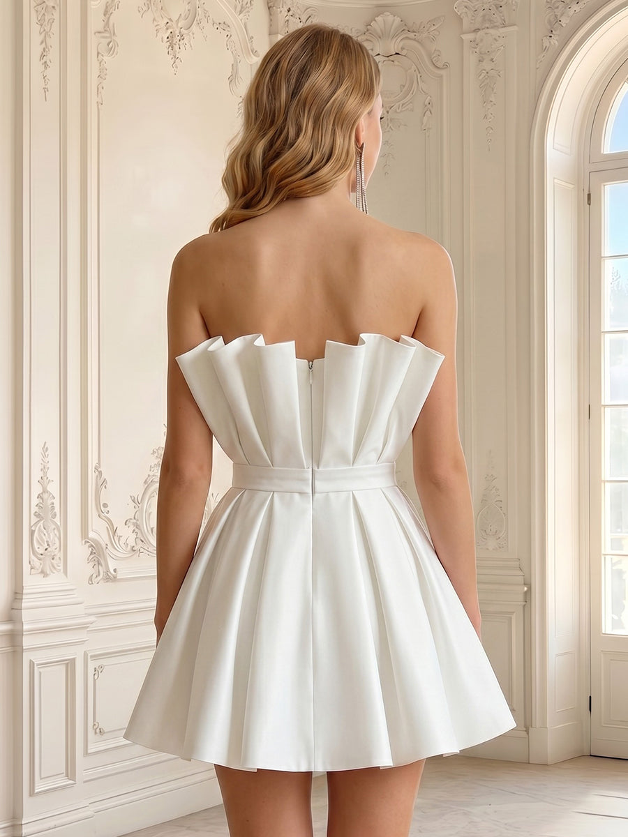 Satin A Line Pleated Strapless Sleeveless Short Homecoming Dresses