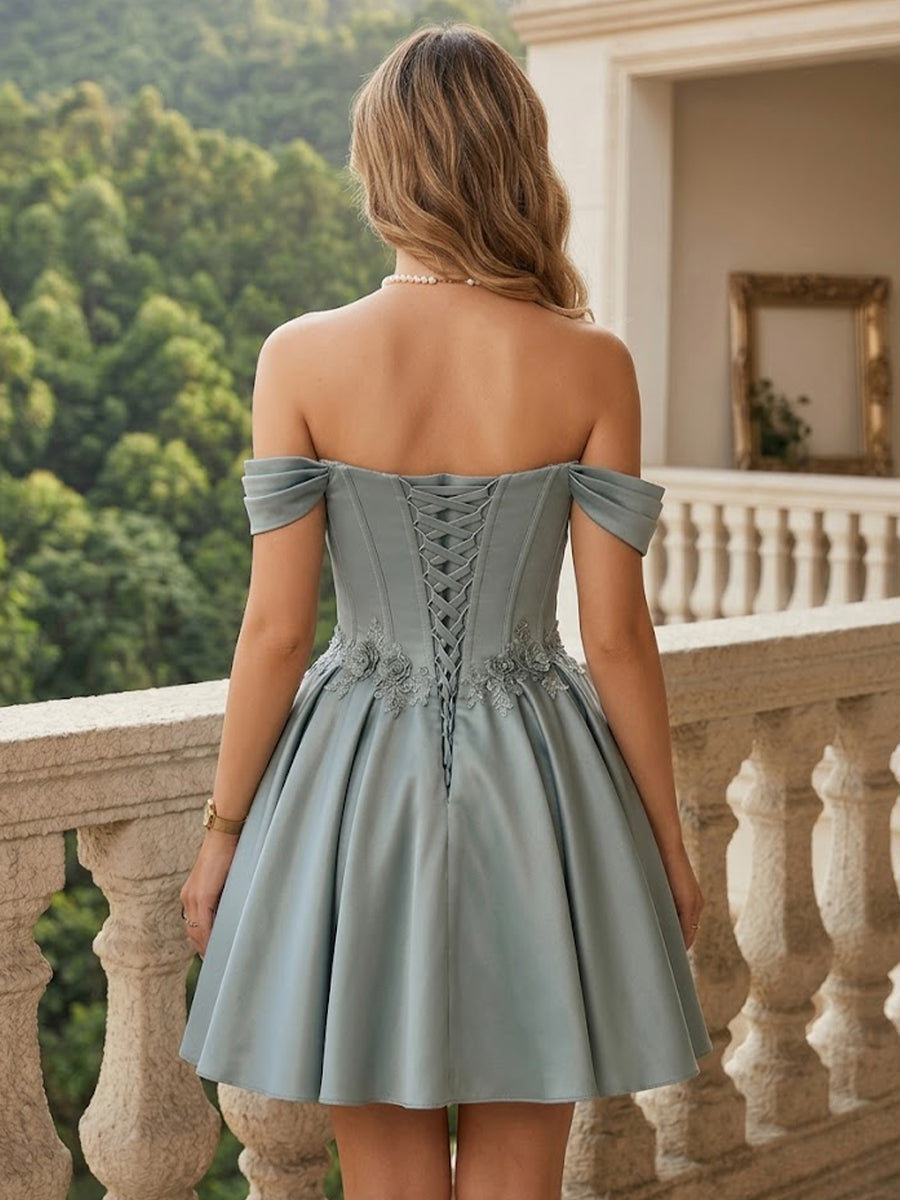 A Line Off the Shoulder Satin Sleeveless Short Homecoming Dresses