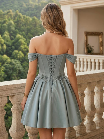 A Line Off the Shoulder Satin Sleeveless Short Homecoming Dresses