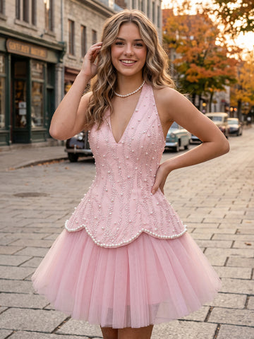 A Line Deep V Neck Sleeveless Short Homecoming Dresses with Pearls