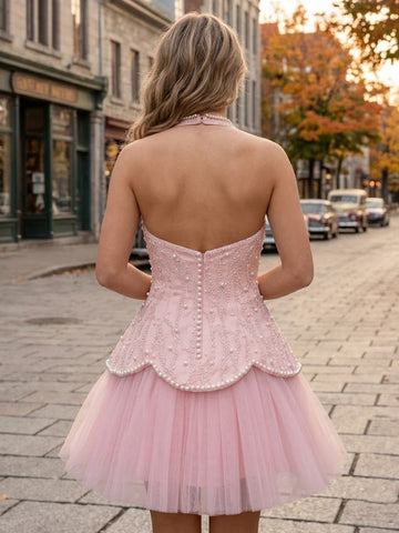 A Line Deep V Neck Sleeveless Short Homecoming Dresses with Pearls