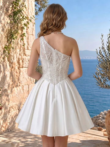 Pleated Satin A Line One Shoulder Short Homecoming Dresses With Beads