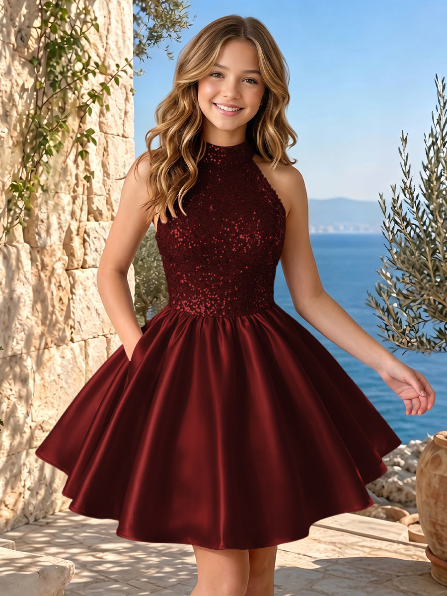 Sequins Satin A Line High Neck Short Homecoming Dresses With Pockets