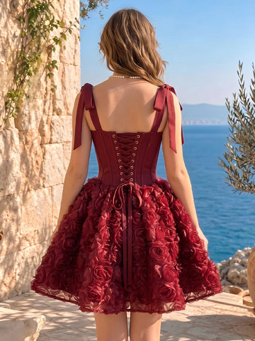 3D Flower Satin A Line Sweetheart Short Homecoming Dresses With Bow