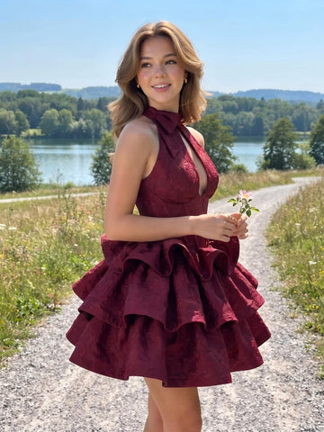 Tiered Jacquard A Line High Neck Short Homecoming Dresses With Bow