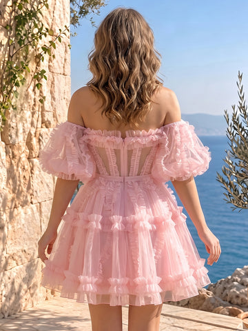 Ruffles Tulle A Line Off the Shoulder Puff Sleeves Short Homecoming Dresses