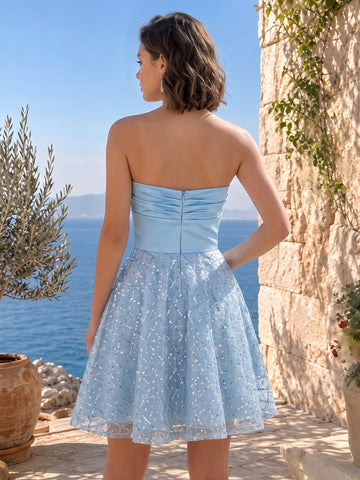 Sequins Satin A Line Strapless Short Homecoming Dresses