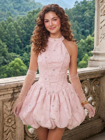 Satin Jacquard Halter Sleeveless Short Homecoming Dresses with Flower Bud