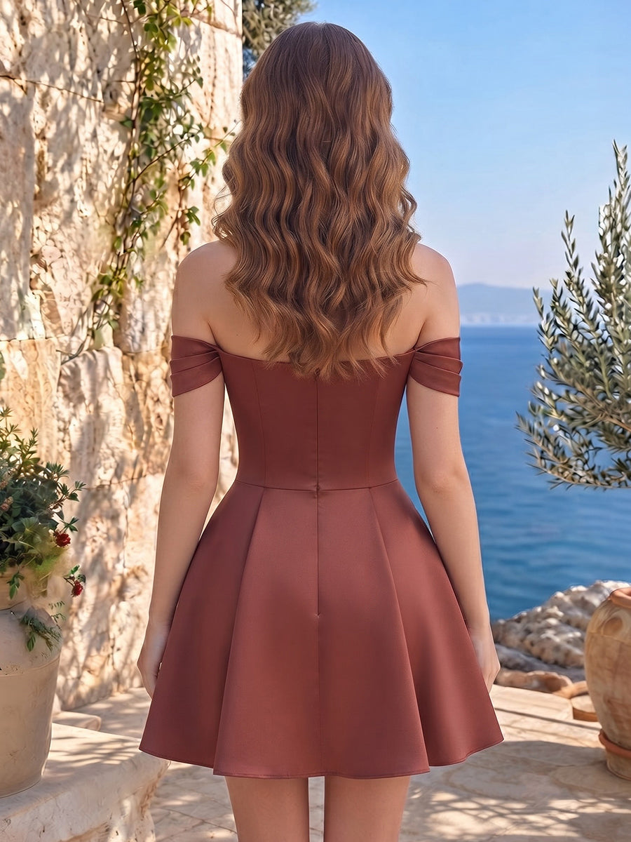 Satin Off Shoulder A Line Sleeveless Short Homecoming Dresses with Bow