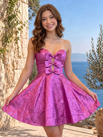 Metallic Strapless Sleeveless Short Homecoming Dresses with Bow