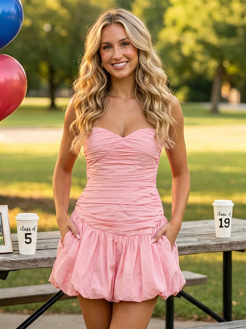 Satin Strapless A Line Sleeveless Short Homecoming Dresses with Pockets