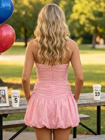 Satin Strapless A Line Sleeveless Short Homecoming Dresses with Pockets