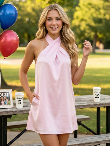 Satin Halter A Line Sleeveless Short Homecoming Dresses with Pockets