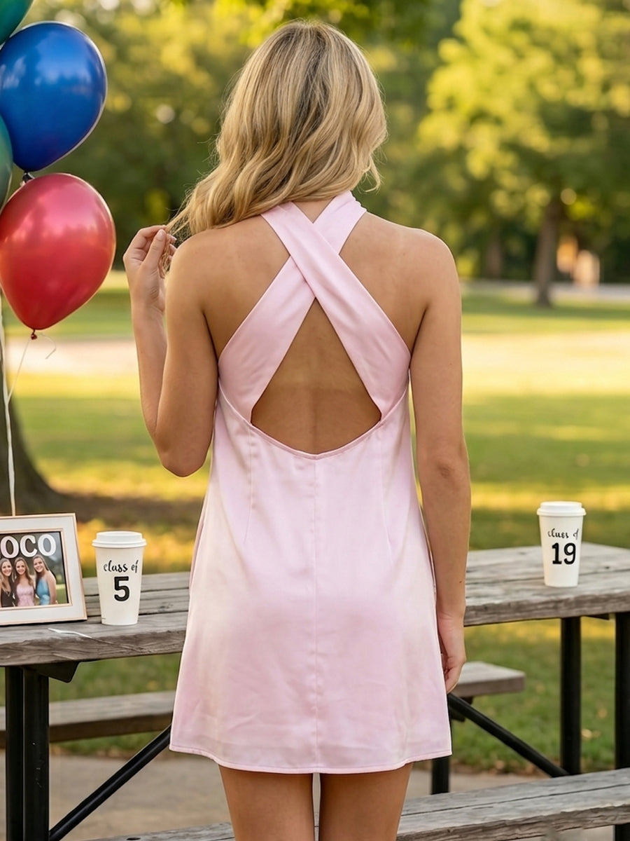 Satin Halter A Line Sleeveless Short Homecoming Dresses with Pockets