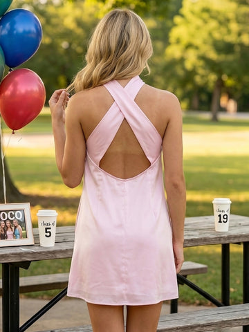 Satin Halter A Line Sleeveless Short Homecoming Dresses with Pockets