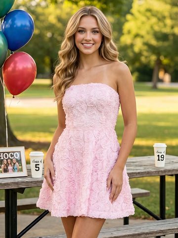 3D Flower Strapless A Line Sleeveless Short Homecoming Dresses