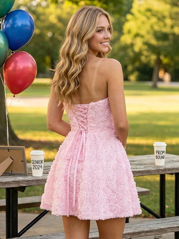 3D Flower Strapless A Line Sleeveless Short Homecoming Dresses