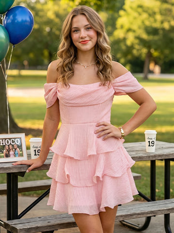 Tulle Off Shoulder Strapless Tiered A Line Sleeveless Short Homecoming Dresses