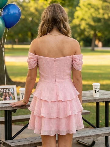Tulle Off Shoulder Strapless Tiered A Line Sleeveless Short Homecoming Dresses