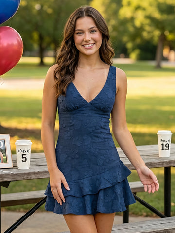 Floral Lace V Neck A Line Tiered Sleeveless Short Homecoming Dresses
