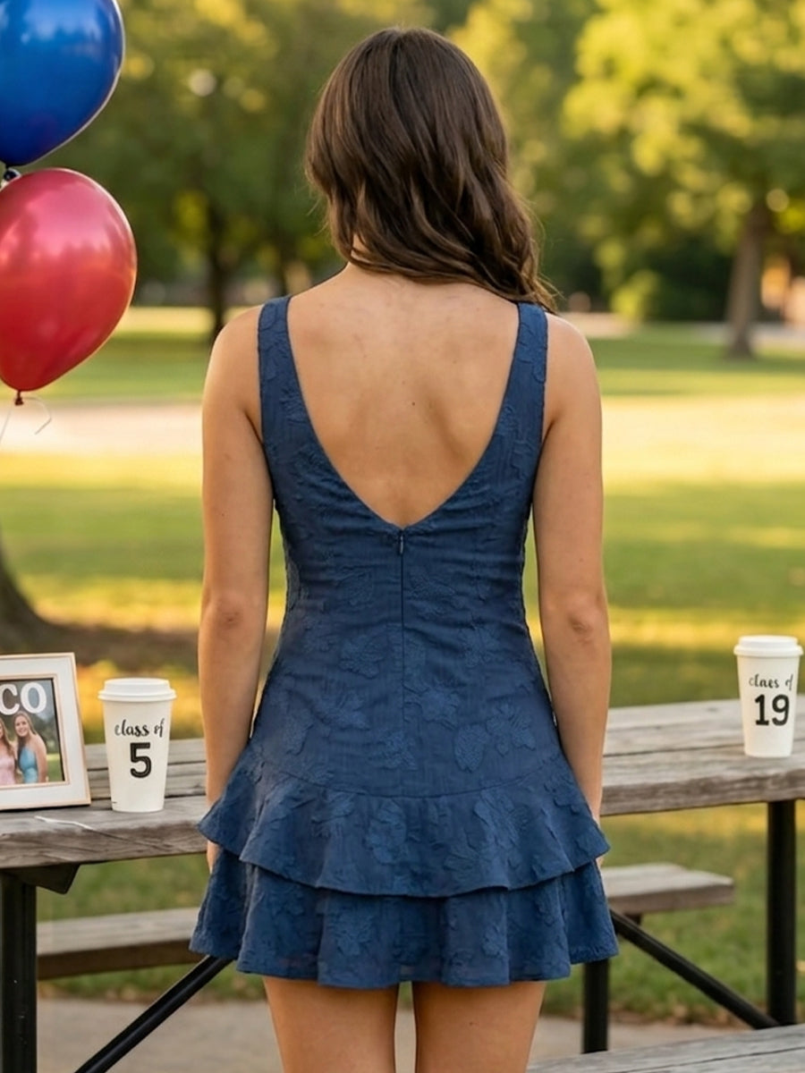 Floral Lace V Neck A Line Tiered Sleeveless Short Homecoming Dresses