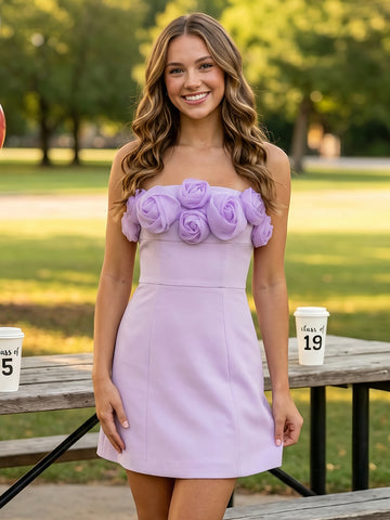 Satin Strapless A Line Sleeveless Short Homecoming Dresses with 3D Flower
