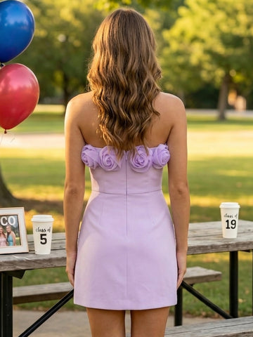Satin Strapless A Line Sleeveless Short Homecoming Dresses with 3D Flower