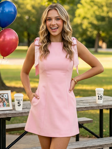 Satin Boat Neck A Line Bow Straps Sleeveless Short Homecoming Dresses with Pockets