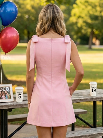 Satin Boat Neck A Line Bow Straps Sleeveless Short Homecoming Dresses with Pockets