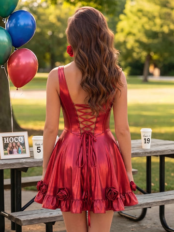 Metallic V Neck A Line Tiered Corset Sleeveless Short Homecoming Dresses