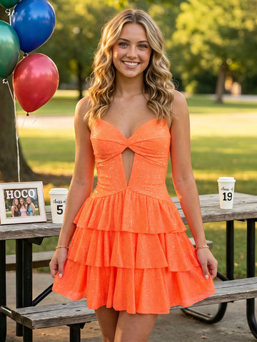 Sequins A Line Strapless Cut Out Sleeveless Tiered Short Homecoming Dresses