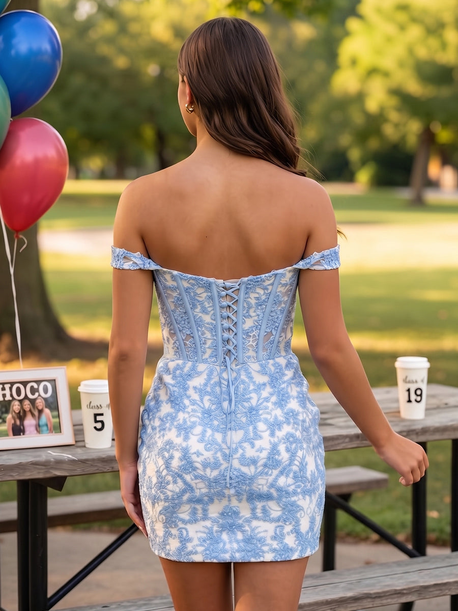 Lace Corset Off Shoulder Short Homecoming Dresses with Bow