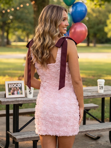 3D Floral Satin Square Neck Sheath Short Homecoming Dresses With Bow