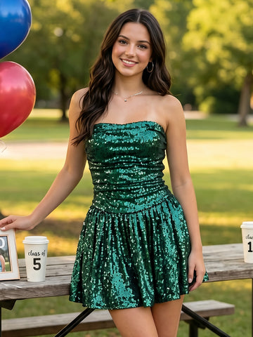 Sequins A Line Strapless Short Homecoming Dresses