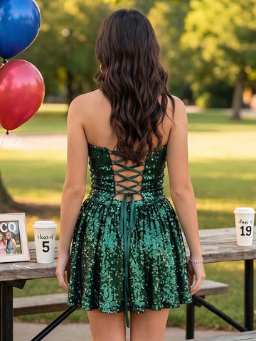 Sequins A Line Strapless Short Homecoming Dresses