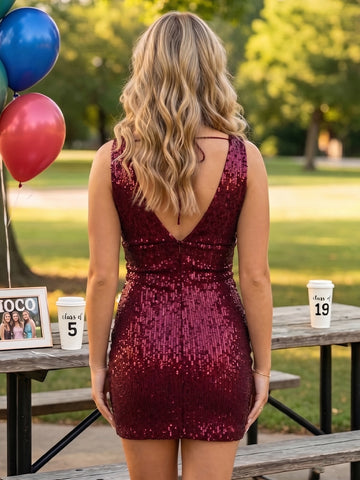 Sequins Sheath Deep V Neck Short Homecoming Dresses